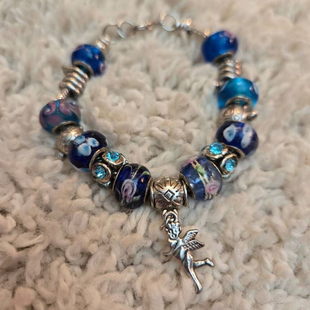 NEW Blue Murano Glass Bead Bracelet Silver Cupid